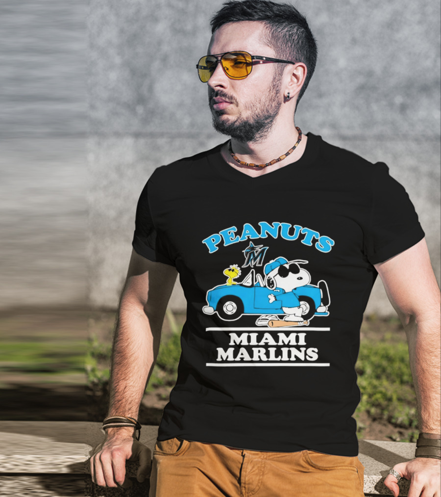 Peanuts Snoopy And Woodstock Miami Marlins Baseball Driving Adventure T-Shirt
