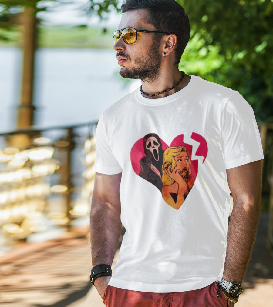 Cartoon Blonde Woman Ghostface Broken Pink Heart Knife Phone T-Shirt