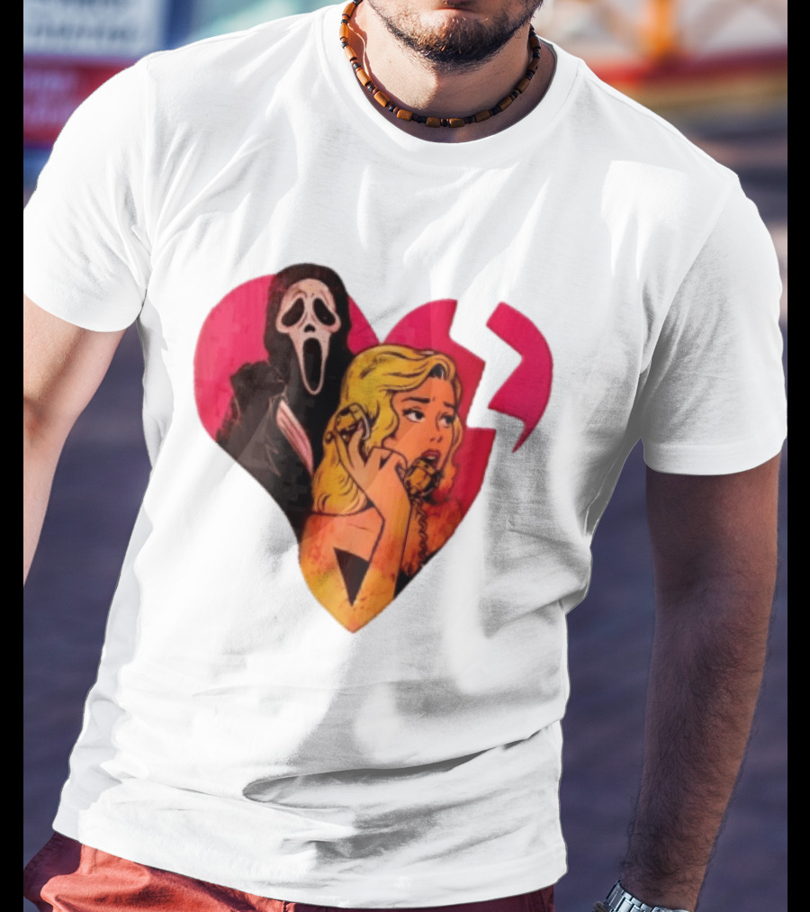 Cartoon Blonde Woman Ghostface Broken Pink Heart Knife Phone T-Shirt