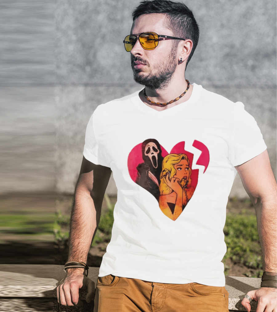 Cartoon Blonde Woman Ghostface Broken Pink Heart Knife Phone T-Shirt