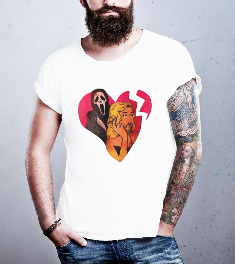 Cartoon Blonde Woman Ghostface Broken Pink Heart Knife Phone T-Shirt