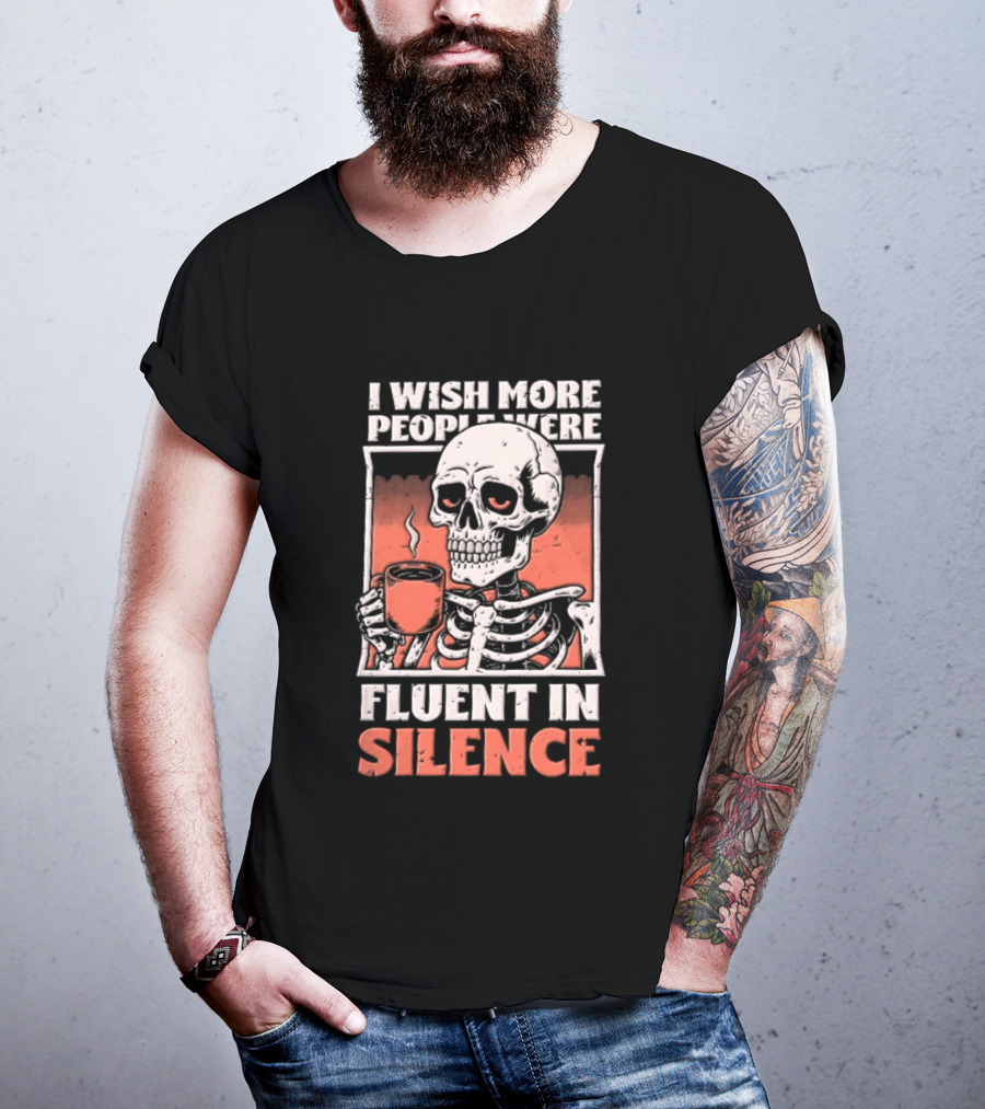 Fluent In Silence Skeleton Holding Coffee Distressed T-Shirt