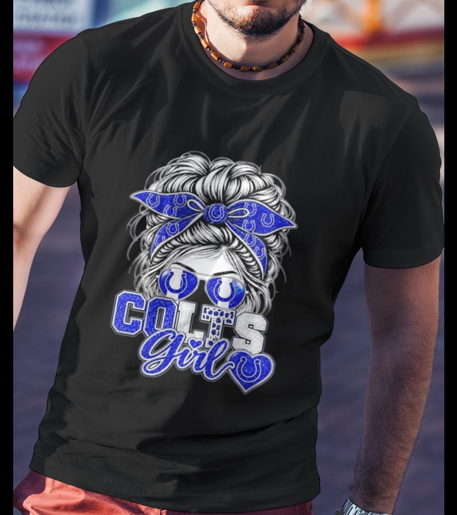 Indianapolis Colts Girl Messy Bun Blue Bandana Sunglasses Fan T-Shirt