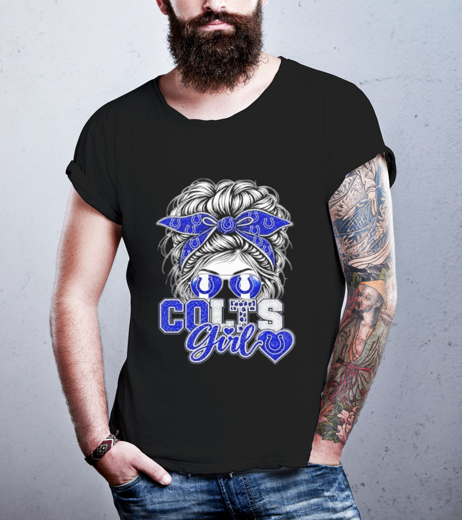 Indianapolis Colts Girl Messy Bun Blue Bandana Sunglasses Fan T-Shirt