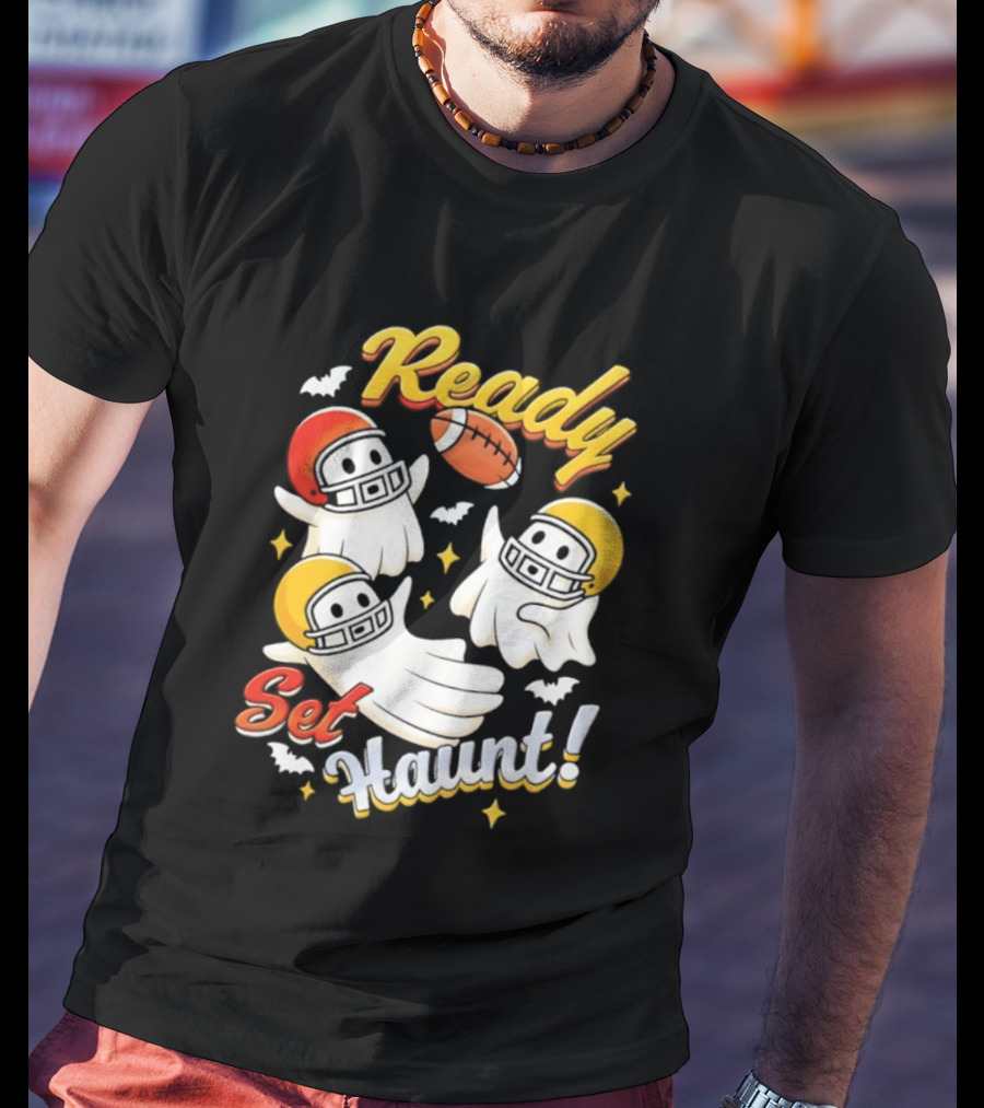 Ready Set Haunt Ghosts Football Helmet Halloween T-Shirt