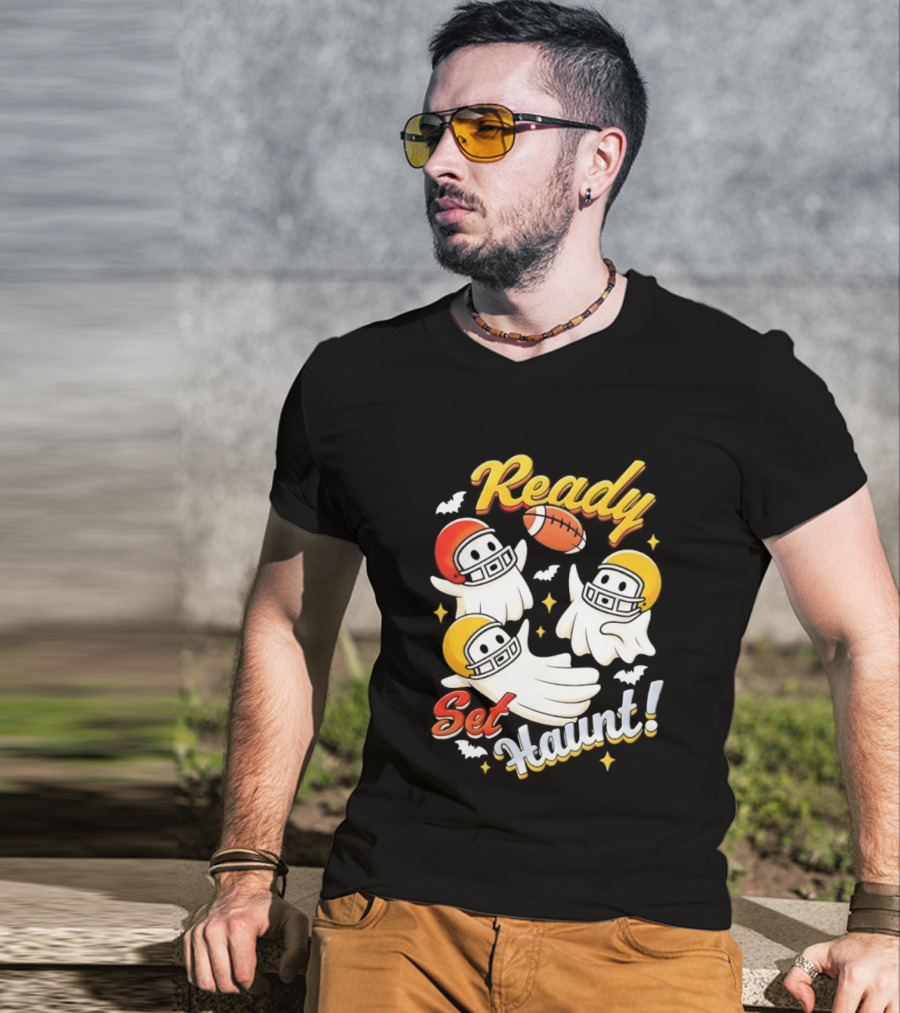 Ready Set Haunt Ghosts Football Helmet Halloween T-Shirt