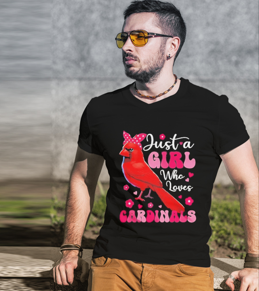 Just A Girl Who Loves Cardinals Cardinal Bird Cute Bow Pink Flowers Hearts T-Shirt