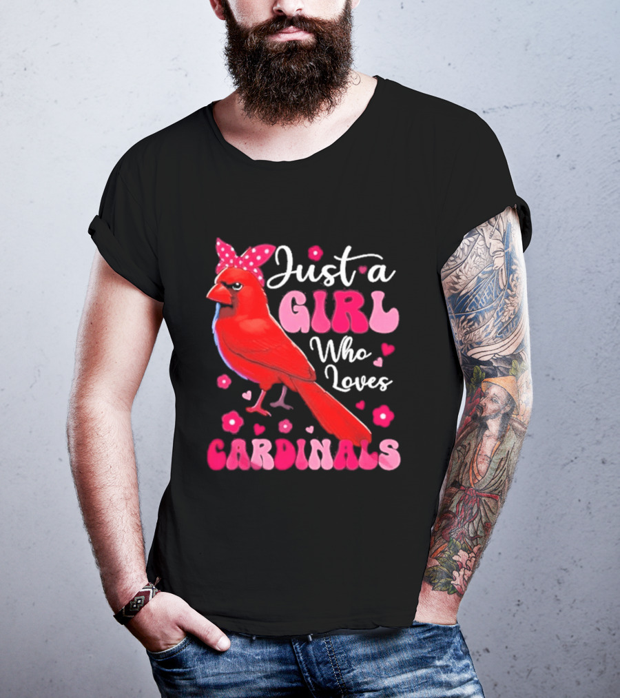Just A Girl Who Loves Cardinals Cardinal Bird Cute Bow Pink Flowers Hearts T-Shirt