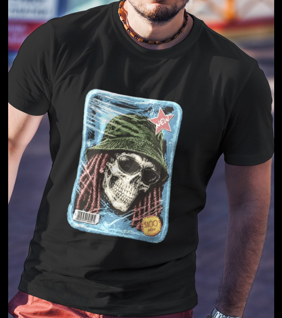 Skull With Dreadlocks Wearing Green Bucket Hat Sunglasses New Star Label T-Shirt