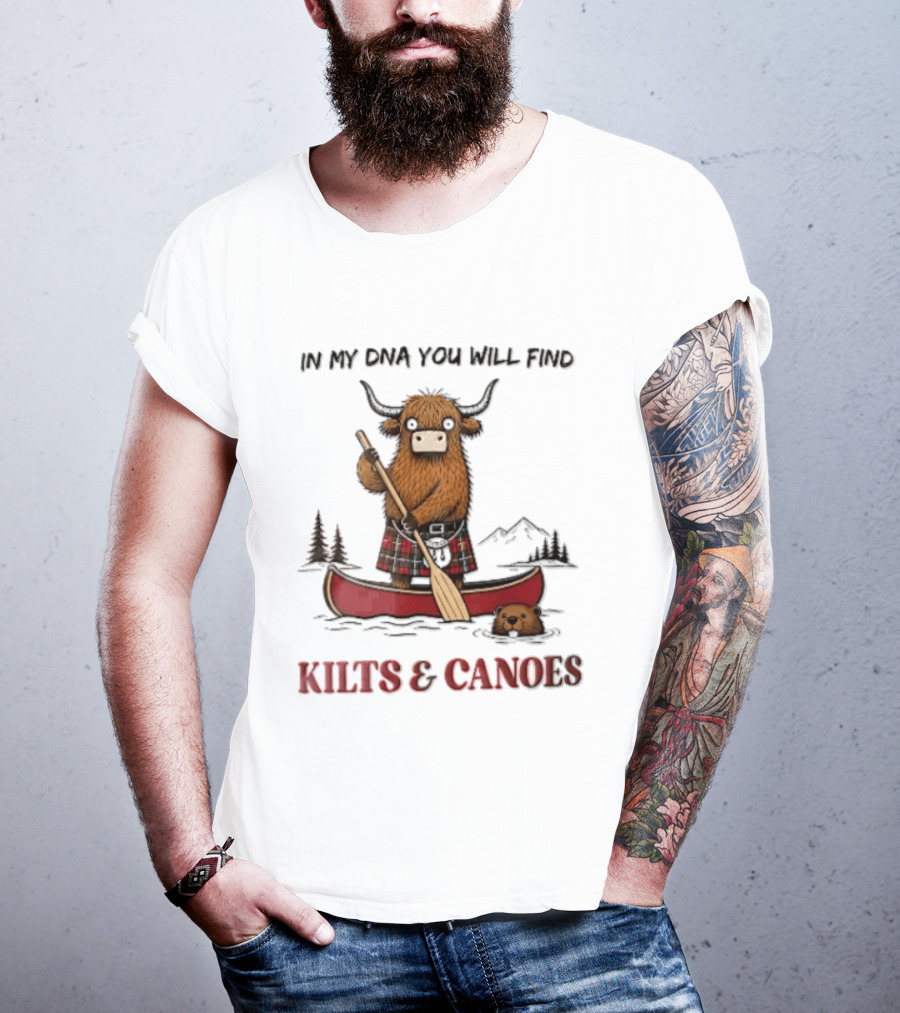 In My DNA You Will Find Kilts And Canoes Cartoon Highland Cow Paddling T-Shirt