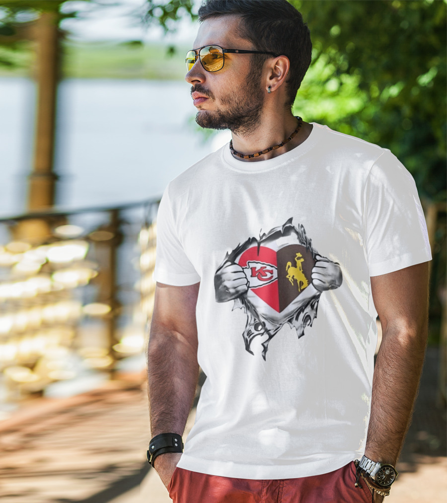 Kansas City Chiefs Wyoming Cowboys Heart Fan Pride Combination T-Shirt