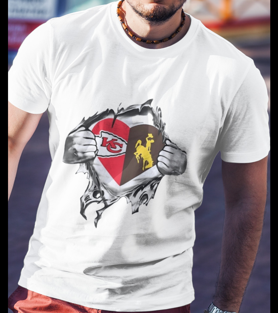 Kansas City Chiefs Wyoming Cowboys Heart Fan Pride Combination T-Shirt