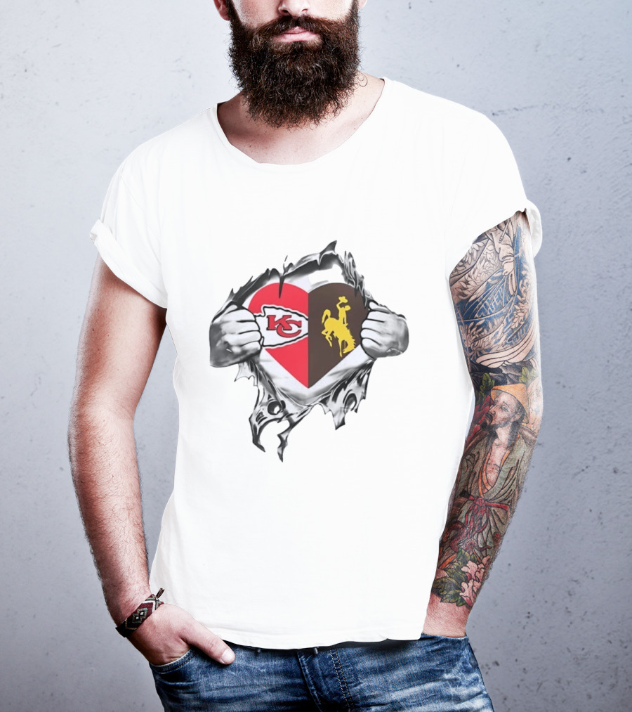 Kansas City Chiefs Wyoming Cowboys Heart Fan Pride Combination T-Shirt