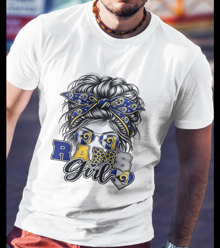 Rams Girl Messy Bun Bandana Sunglasses Fan T-Shirt
