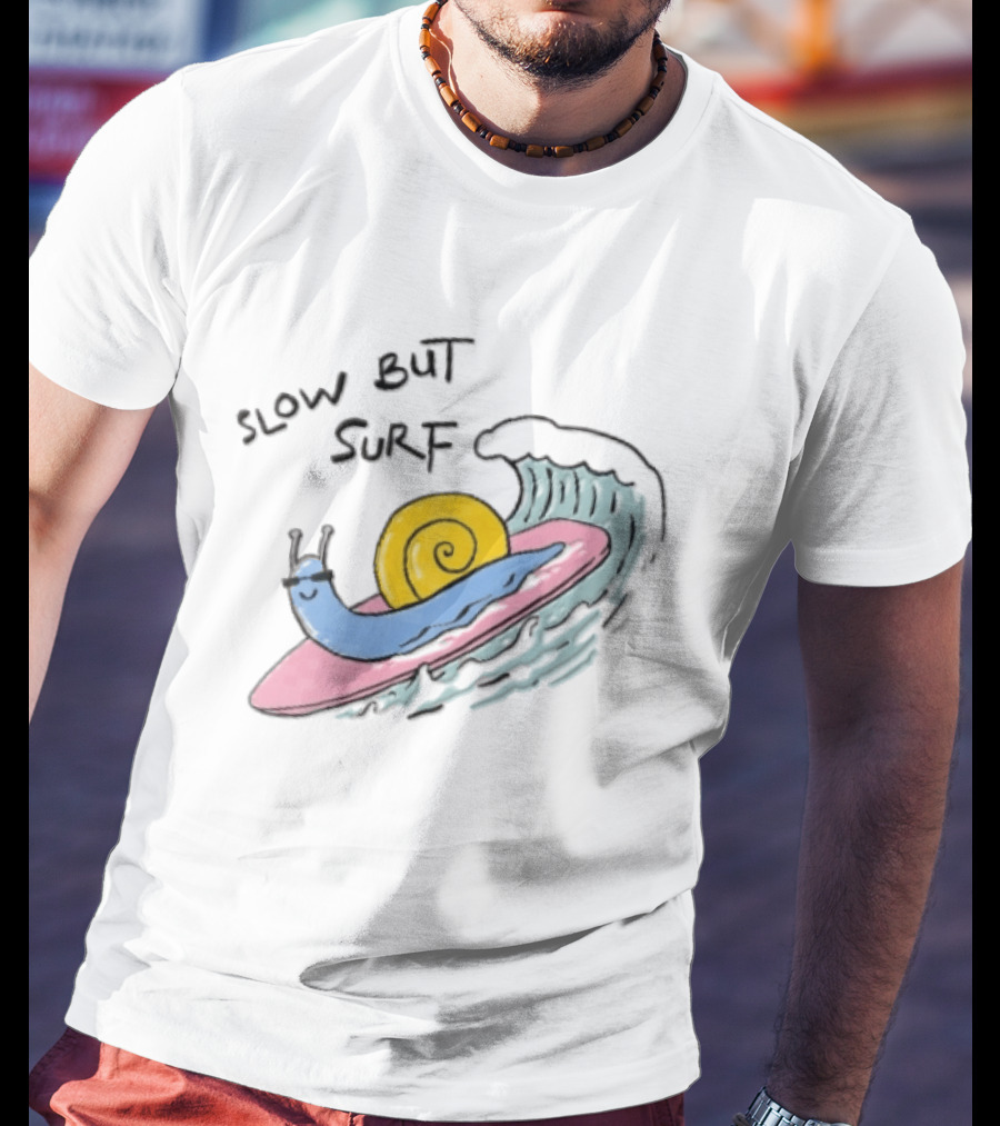 Slow But Surf Cartoon Blue Snail Riding Pink Surfboard Wave T-Shirt