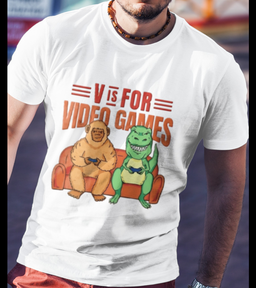 V Is For Video Games Sasquatch Dinosaur Couch Controllers Cartoon T-Shirt