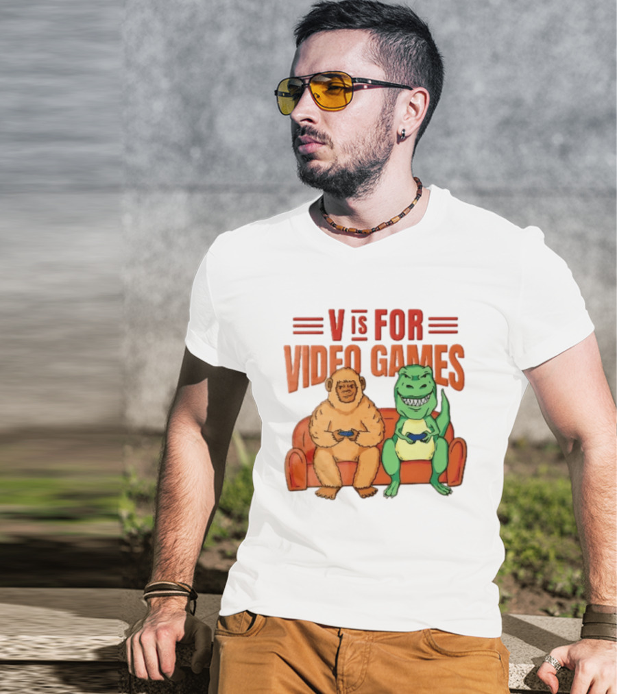 V Is For Video Games Sasquatch Dinosaur Couch Controllers Cartoon T-Shirt