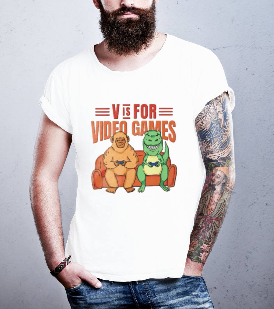 V Is For Video Games Sasquatch Dinosaur Couch Controllers Cartoon T-Shirt