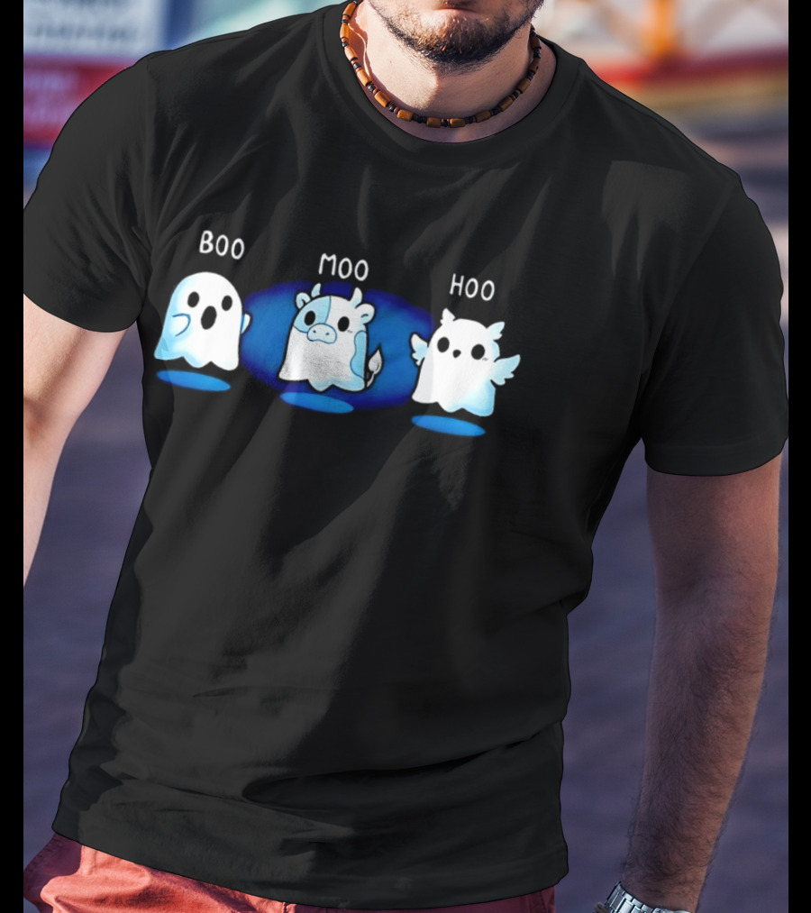 Boo Moo Hoo Halloween Ghost Cow And Owl Fun T-Shirt