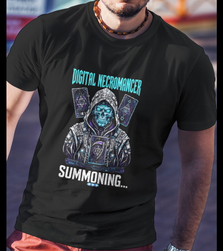 Digital Necromancer Summoning Cyber Skull Tarot Cards T-Shirt