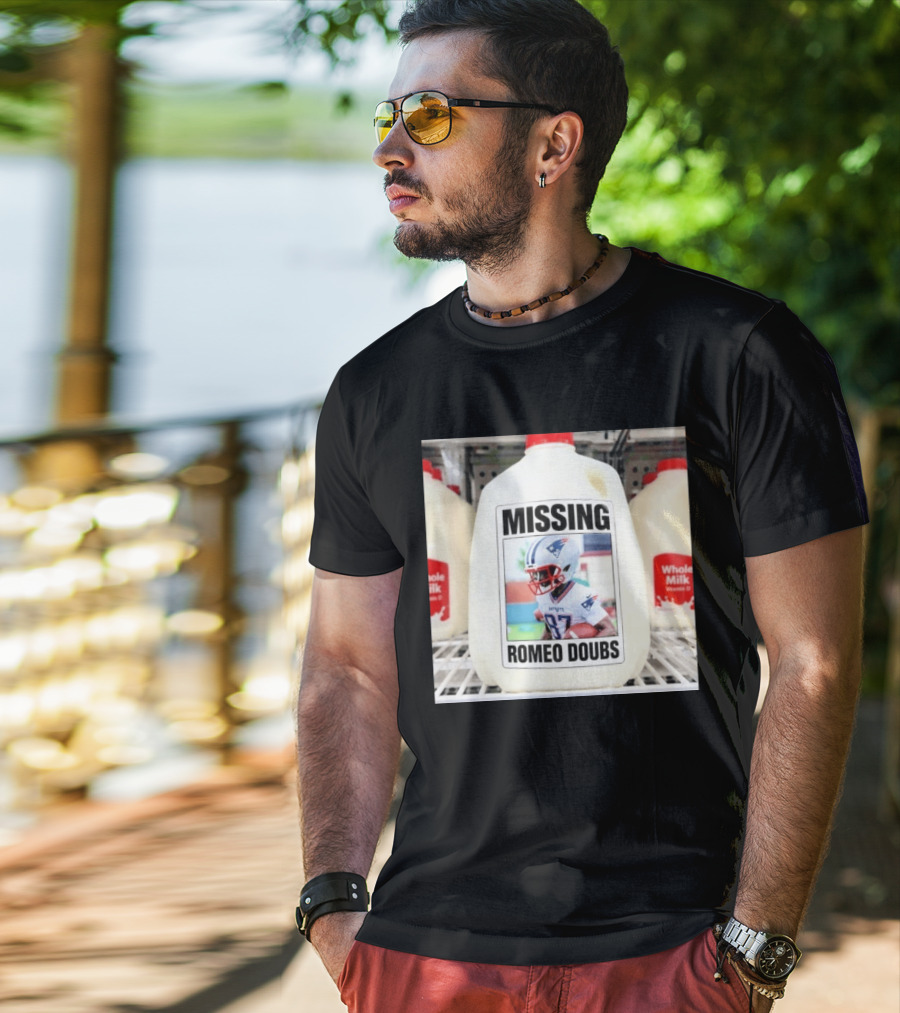 Missing Romeo Doubs Football Milk Carton With Patriots Helmet Image T-Shirt