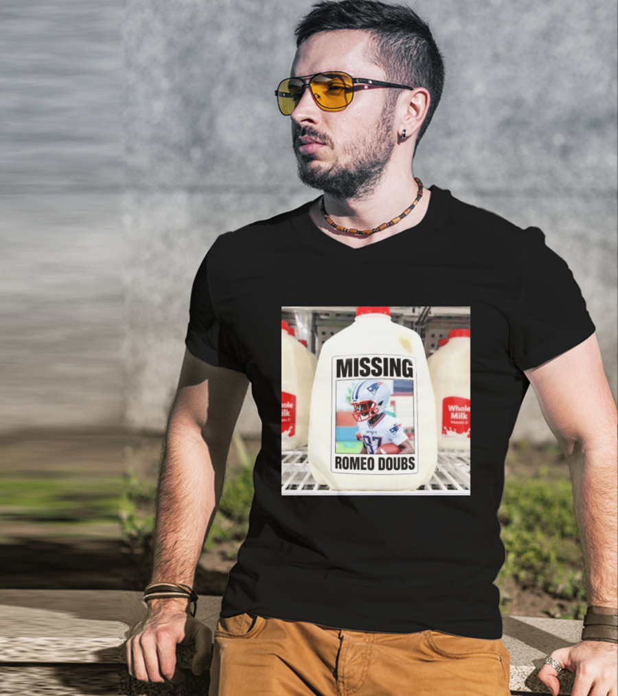Missing Romeo Doubs Football Milk Carton With Patriots Helmet Image T-Shirt