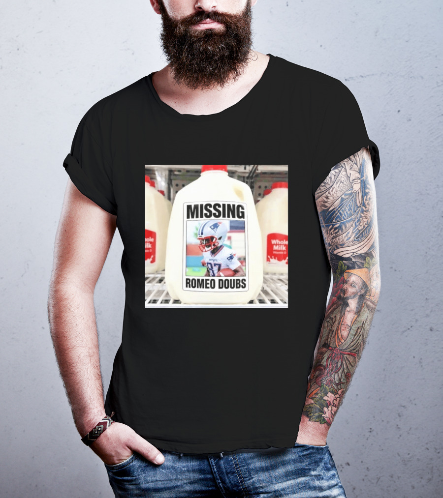 Missing Romeo Doubs Football Milk Carton With Patriots Helmet Image T-Shirt