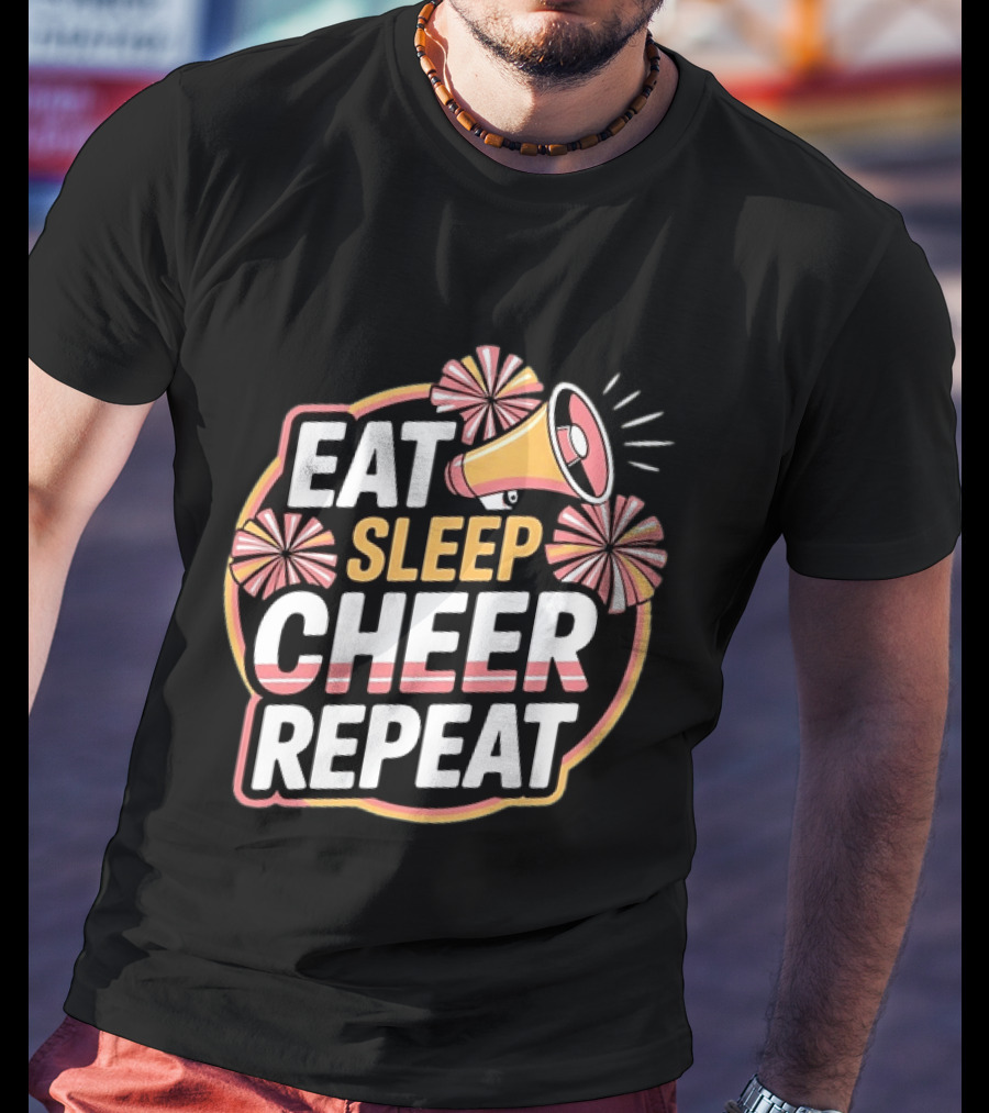 Eat Sleep Cheer Repeat Megaphone Pom Poms Cheerleading T-Shirt