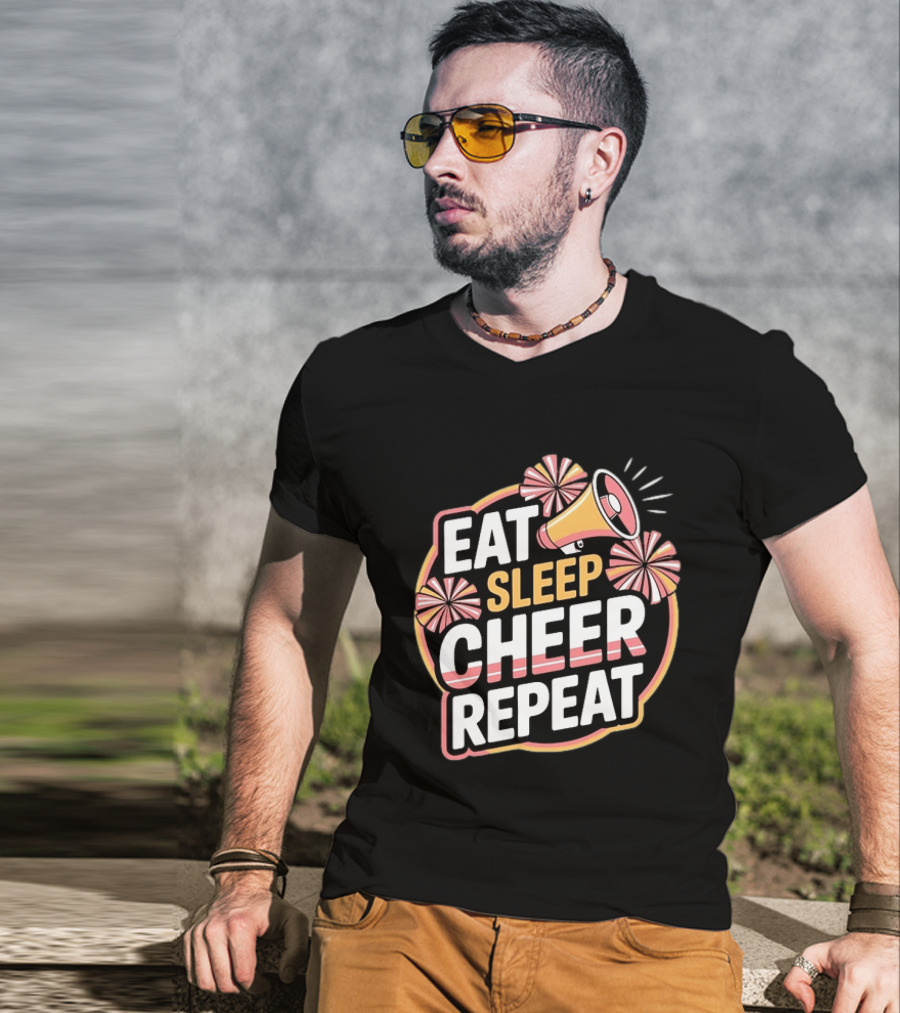 Eat Sleep Cheer Repeat Megaphone Pom Poms Cheerleading T-Shirt