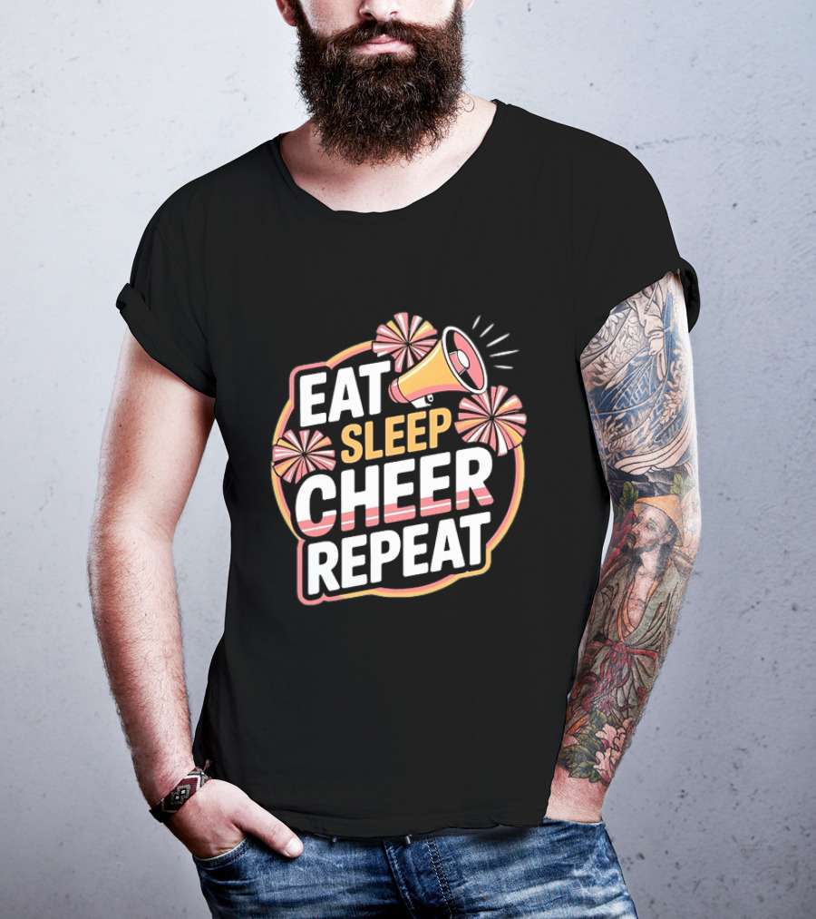 Eat Sleep Cheer Repeat Megaphone Pom Poms Cheerleading T-Shirt