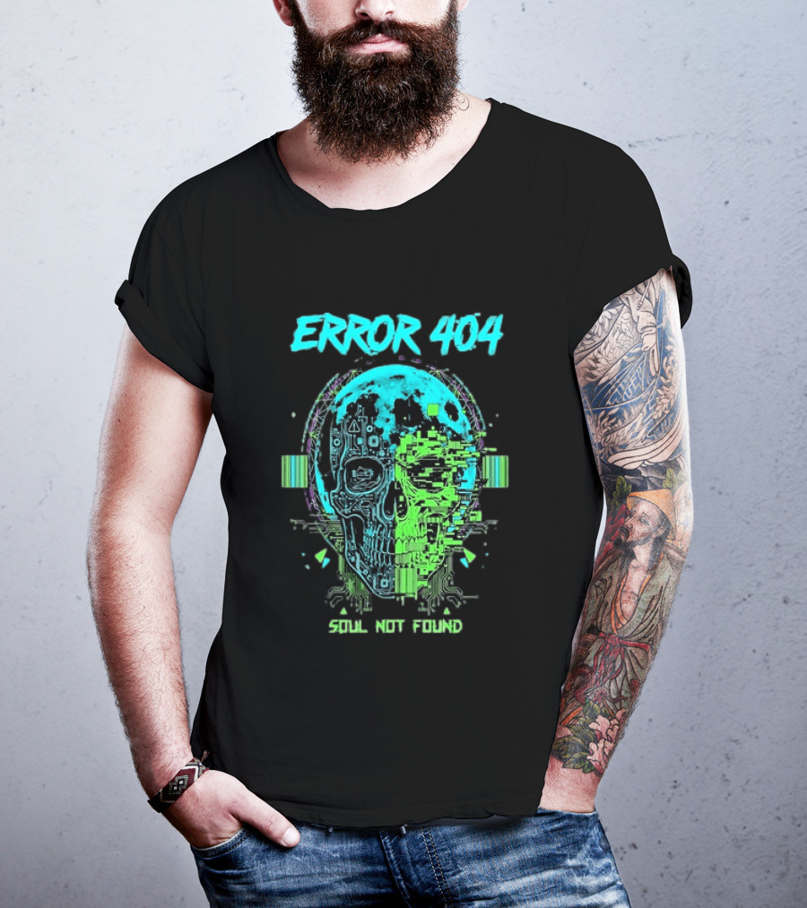 Error 404 Soul Not Found Cyber Skull Glitch Retro Tech Aesthetic T-Shirt