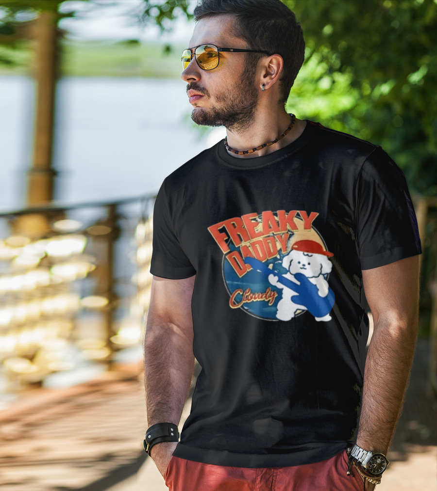 Freaky Daddy Cloudy Cartoon Dog Red Cap Playing Guitar T-Shirt