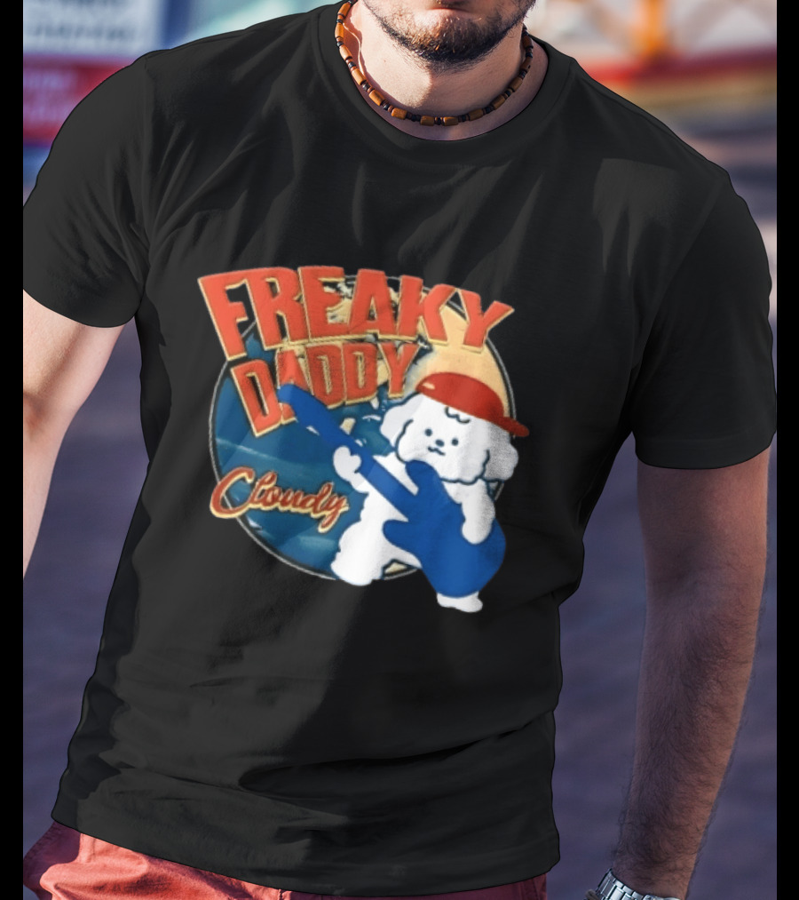 Freaky Daddy Cloudy Cartoon Dog Red Cap Playing Guitar T-Shirt
