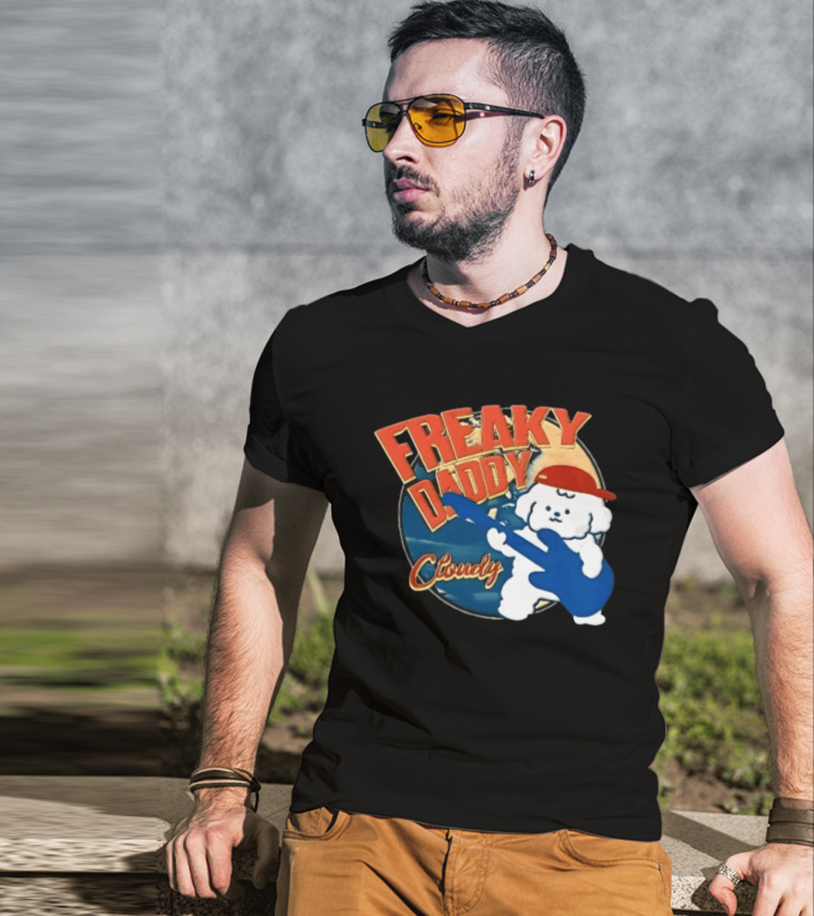 Freaky Daddy Cloudy Cartoon Dog Red Cap Playing Guitar T-Shirt
