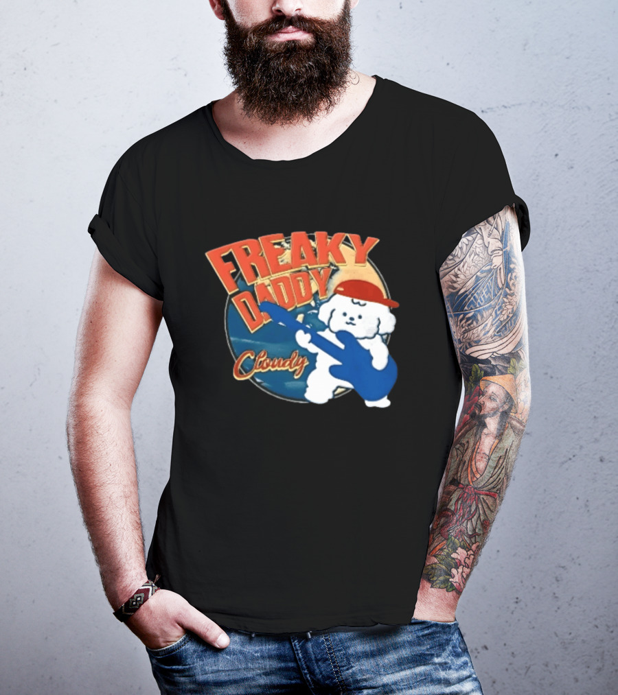 Freaky Daddy Cloudy Cartoon Dog Red Cap Playing Guitar T-Shirt