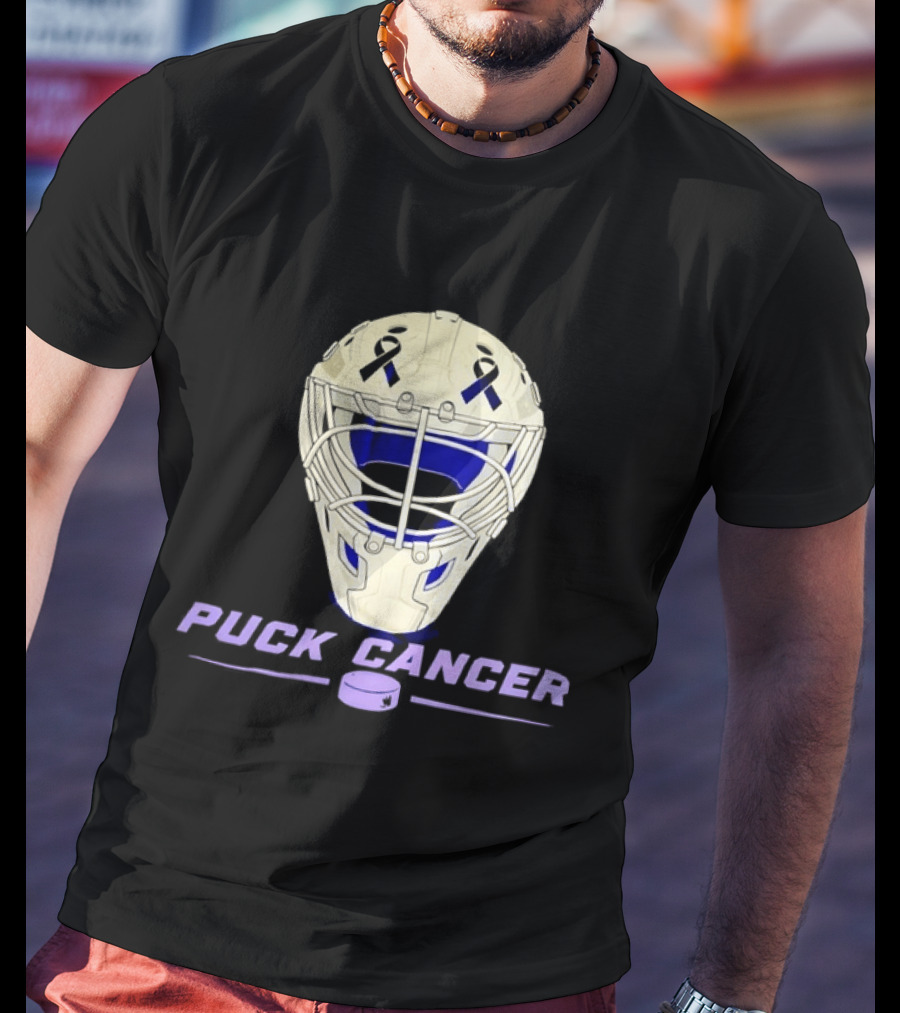 Puck Cancer Hockey Goalie Mask Awareness Purple Ribbon T-Shirt