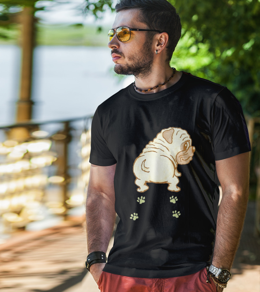 Pug Looking Back With Paw Prints Dog Cute Canine T-Shirt