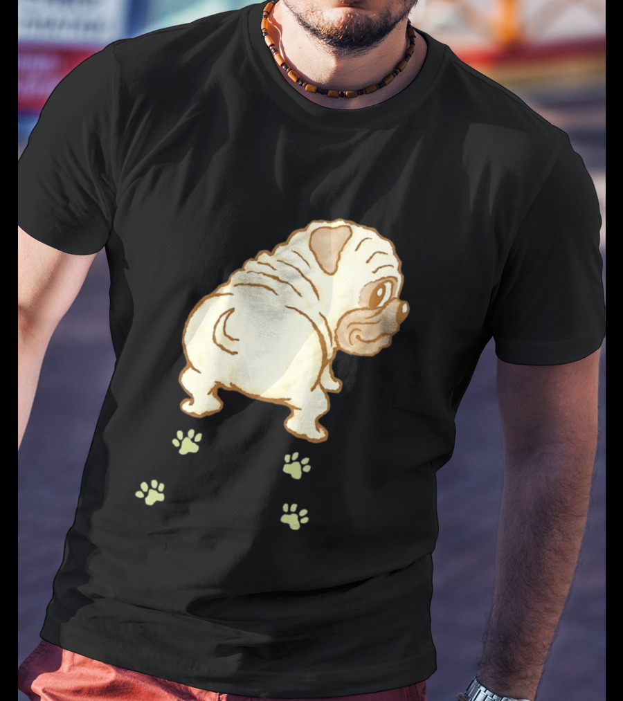 Pug Looking Back With Paw Prints Dog Cute Canine T-Shirt