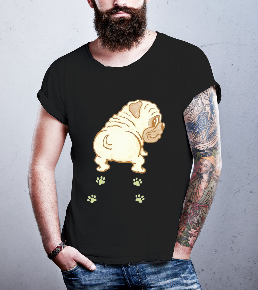 Pug Looking Back With Paw Prints Dog Cute Canine T-Shirt