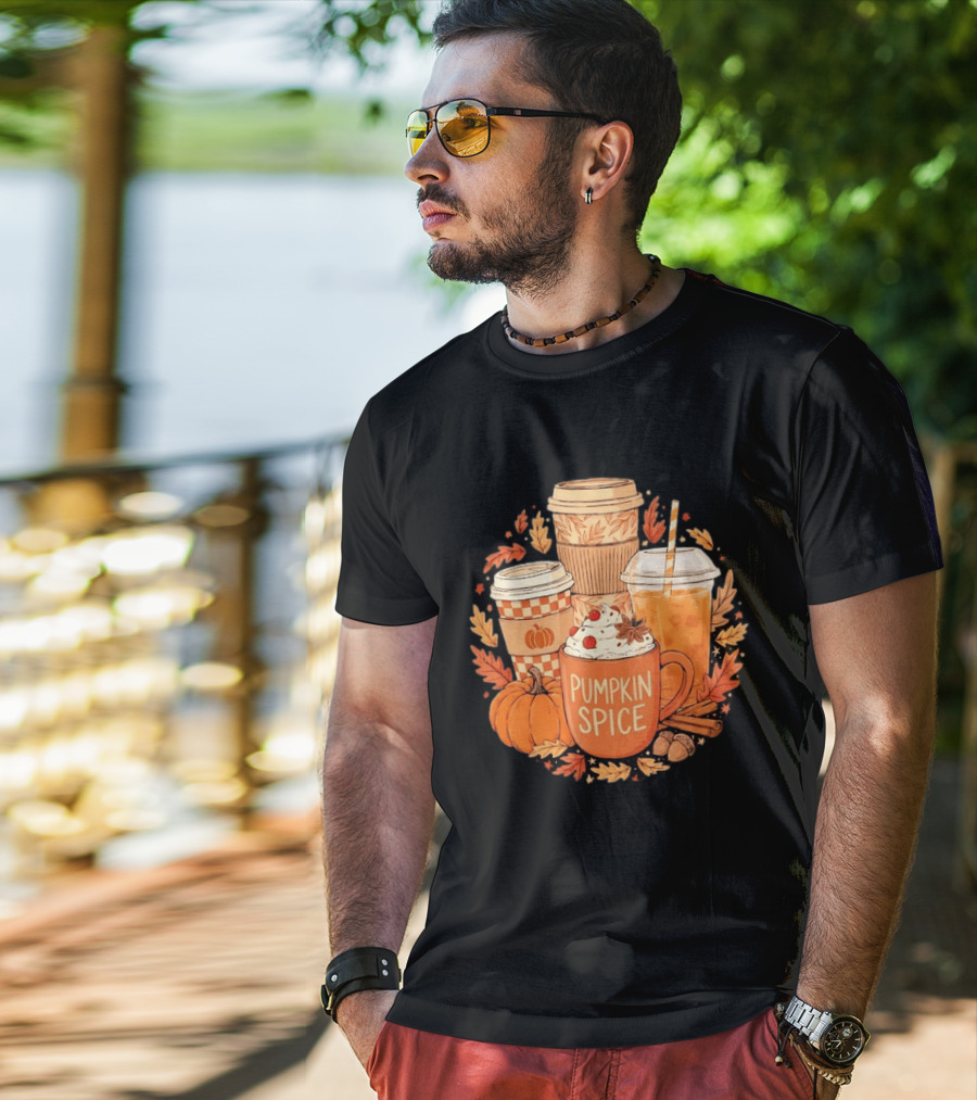 Pumpkin Spice Fall Coffee Drinks Autumn Leaves Acorns Cinnamon Sticks T-Shirt
