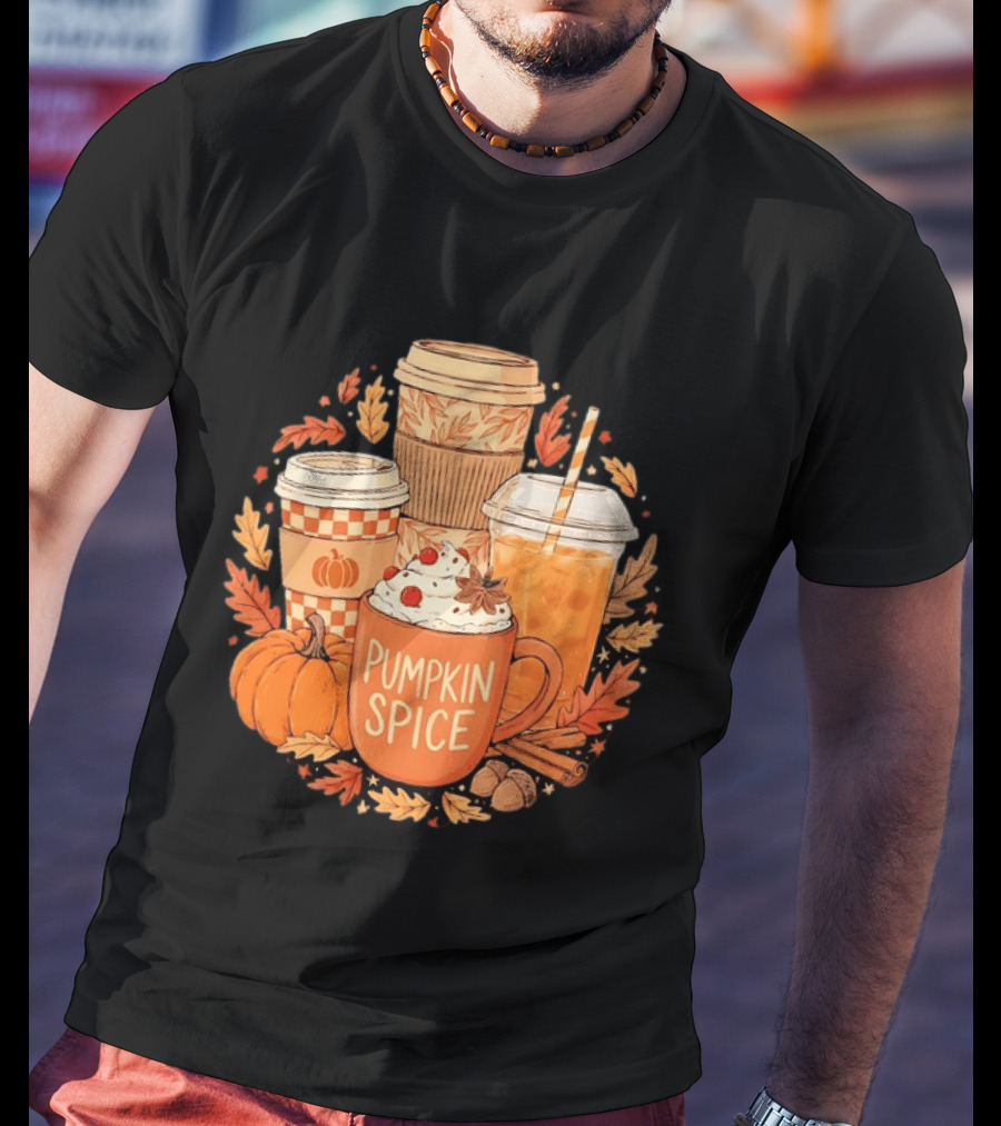 Pumpkin Spice Fall Coffee Drinks Autumn Leaves Acorns Cinnamon Sticks T-Shirt
