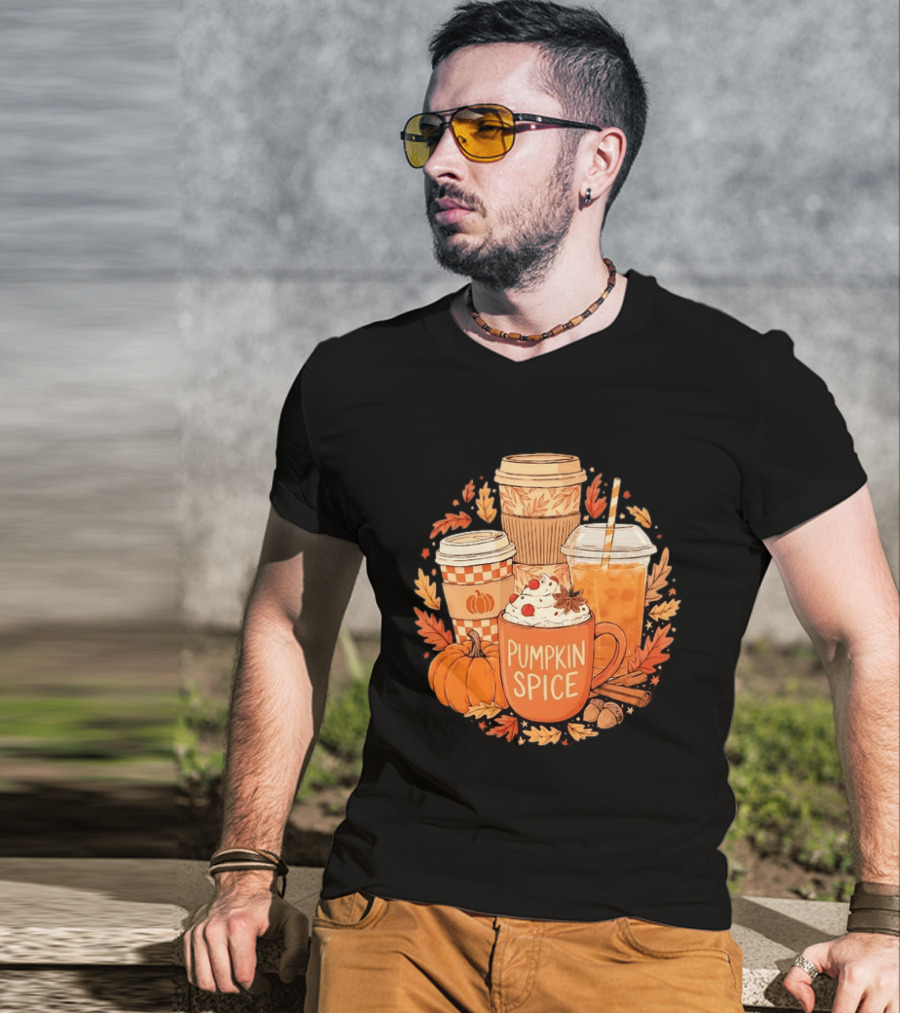 Pumpkin Spice Fall Coffee Drinks Autumn Leaves Acorns Cinnamon Sticks T-Shirt