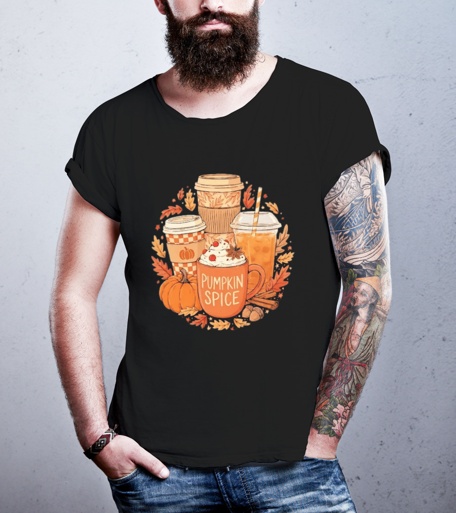 Pumpkin Spice Fall Coffee Drinks Autumn Leaves Acorns Cinnamon Sticks T-Shirt