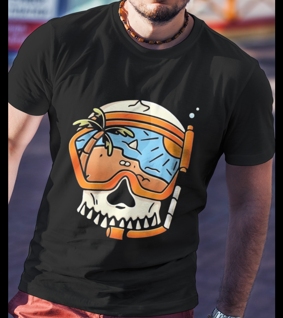 Skull Wearing Snorkel Mask With Tropical Beach Scene Palm Tree Sun T-Shirt