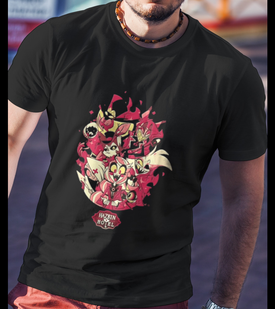 Hazbin Hotel Demon Characters Group Red Sparkles Cartoon Alastor Angel Dust Charlie Vaggie T-Shirt