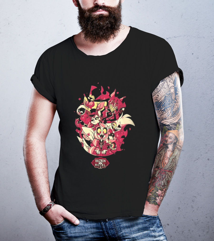 Hazbin Hotel Demon Characters Group Red Sparkles Cartoon Alastor Angel Dust Charlie Vaggie T-Shirt