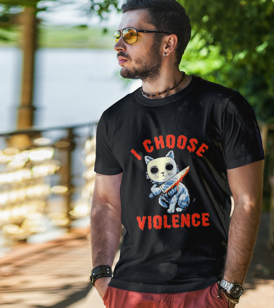 I Choose Violence Cat With Knife Horror Creepy Mask T-Shirt
