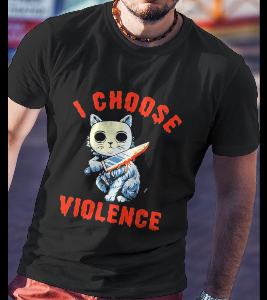 I Choose Violence Cat With Knife Horror Creepy Mask T-Shirt