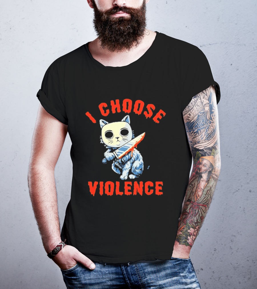 I Choose Violence Cat With Knife Horror Creepy Mask T-Shirt