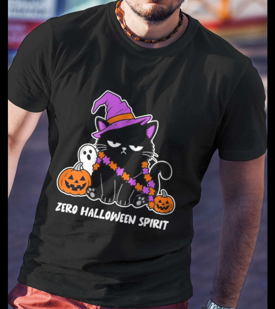 Zero Halloween Spirit Grumpy Black Cat With Pumpkin Ghost And Hat T-Shirt